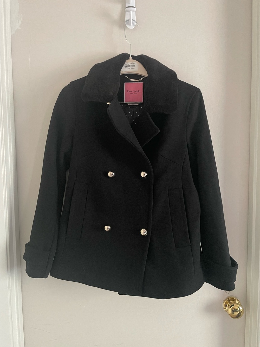 Kate Spade New York Black Wool Peacoat Faux Fur Collar S